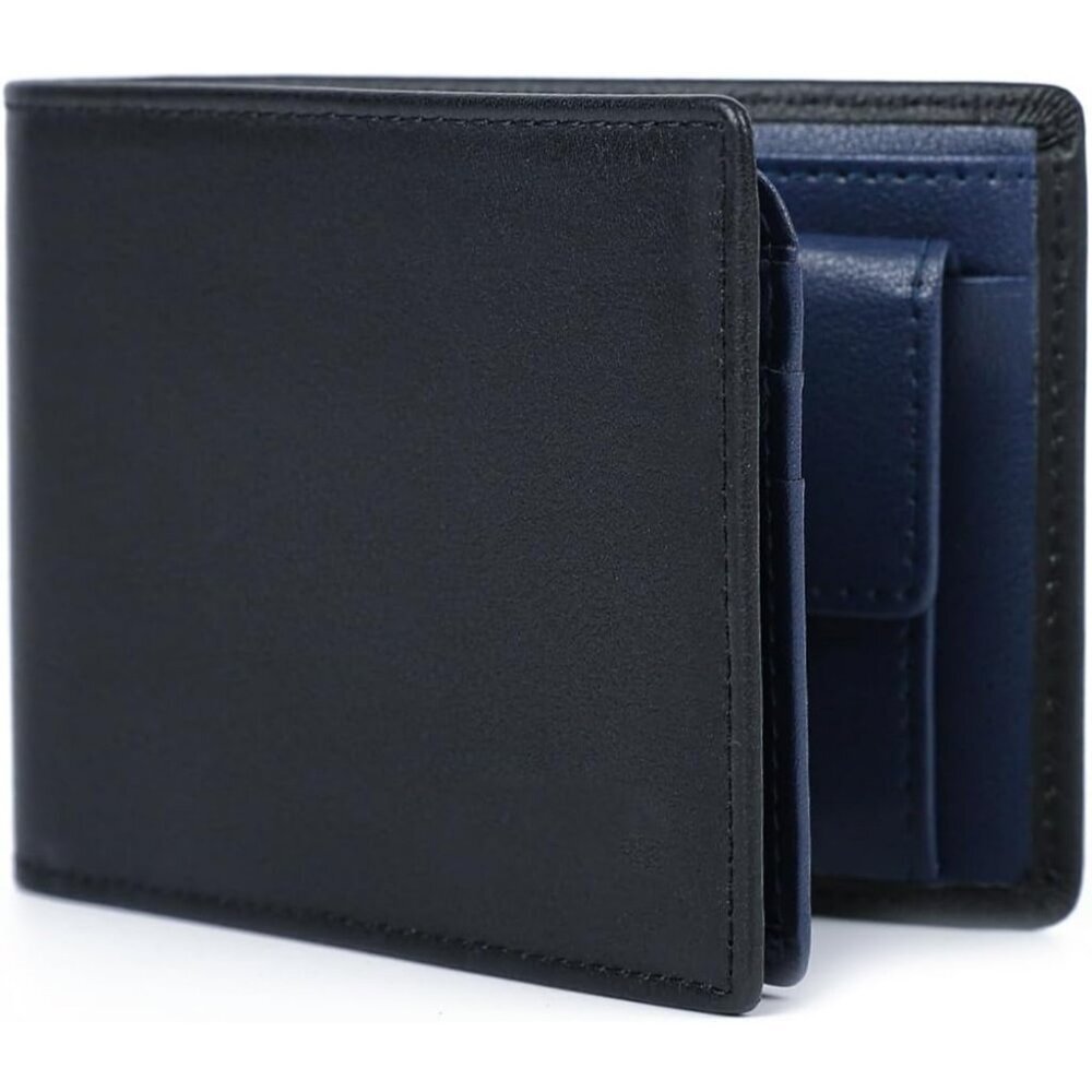 Men's Blue Front Coin Pocket Flip Up Leather Wallet Card Blocking Slim Bifold